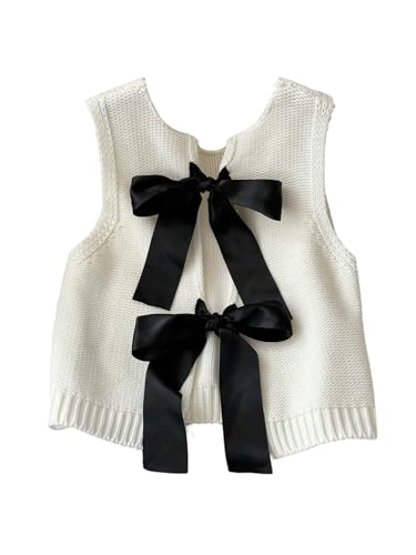 GORGLITTER Strick Pullunder Damen Elegant Ärmellos Pullover Weste Kurze Strickwesten mit Schleife Trendy Strickjacke Y2K Stricktop Herbst Outfit Weiß M von GORGLITTER