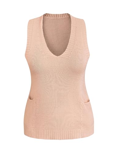 GORGLITTER Strick Pullunder Damen Strickpullover mit Taschen Rippenstrick Pullunder V-Ausschnitt Prepy Strickweste Freizeit Aprikosenfarben L von GORGLITTER