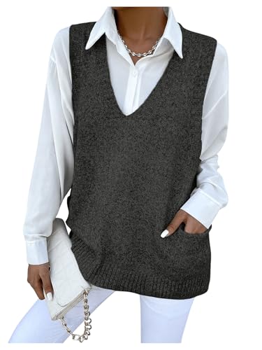 GORGLITTER Strick Pullunder Damen Strickpullover mit Taschen Rippenstrick Pullunder V-Ausschnitt Prepy Strickweste FreizeitSchwarz L von GORGLITTER