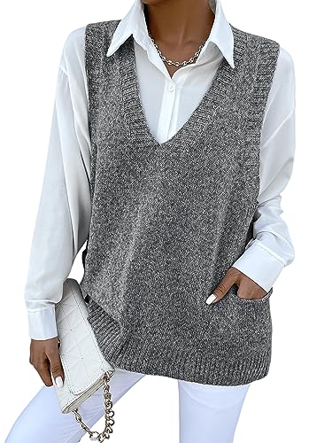 GORGLITTER Strick Pullunder Damen Strickpullover mit Taschen Rippenstrick Pullunder V-Ausschnitt Prepy Strickweste Freizeit Grau XS von GORGLITTER