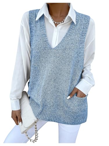 GORGLITTER Strick Pullunder Damen Strickpullover mit Taschen Strickweste V-Ausschnitt Rippenstrick Pullunder ohne Bluse Hellblau M von GORGLITTER