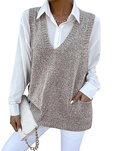 GORGLITTER Strick Pullunder Damen Strickpullover mit Taschen Rippenstrick Pullunder V-Ausschnitt Prepy Strickweste Freizeit Khaki M von GORGLITTER