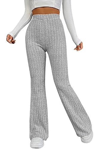 GORGLITTER Strickhose Damen Gerippt Schlaghose Mit Hoher Taille Lange Hose Mit Gummizug Stretch Hose Mit Schlag Grau L von GORGLITTER