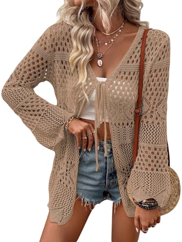 GORGLITTER Strickjacke Damen Durchsichtige Kimono Open Front Crochet Cardigan Leicht Jachen Strickpullover Casualjacke mit V Ausschnitt Khaki S von GORGLITTER