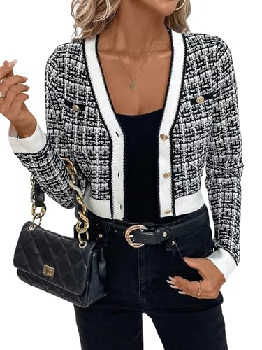 GORGLITTER Strickjacke Damen Elegant Business Outfit Dünne Strickjacke Kurz Karierte Jacke Langarm Oberteil Häkel Cardigan Crop Strickmantel Schwarz und Weiß S von GORGLITTER