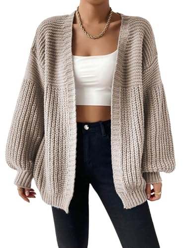 GORGLITTER Strickjacke Damen Elegant Cardigan Langarm Strickjacken Einfarbig Pullover Oversized Strickpullover Offen Vorn Oberteil Herbst Outfit Khaki M von GORGLITTER