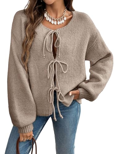 GORGLITTER Strickjacke Damen Elegant Cardigan Langarm Strickpullover Rundhals Pullover mit Schleife Vorn Oversized Herbstjacke Khaki S GORGLITTER Strickjacke Damen Elegant Cardigan Langarm Strickpullover Rundhals Pullover mit Schleife Vorn Oversized Herbstjacke Khaki S von GORGLITTER