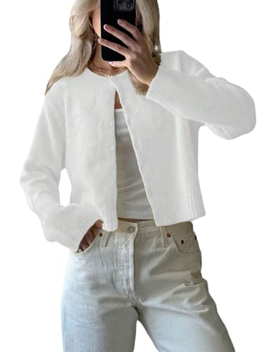 GORGLITTER Strickjacke Damen Elegant Cardigan Langarm Strickpullover mit Knöpfen Rundhals Kurz Pullover Oberteil Jäckchen Weiß S von GORGLITTER