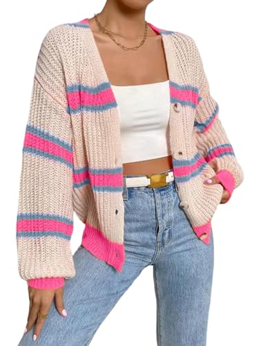 GORGLITTER Strickjacke Damen Elegant Cardigan Langarm Strickpullover mit Knöpfen V Ausschnitt Pullover Farbblock Oberteil Herbst Outfit Aprikosenfarben L von GORGLITTER