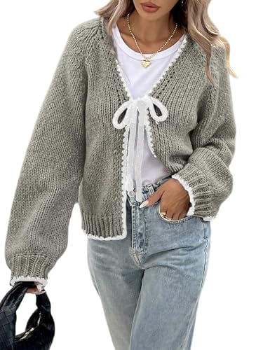 GORGLITTER Strickjacke Damen Elegant Cardigan Langarm Strickpullover mit Schleife V Ausschnitt Winterjacke Strickmantel Grau und Weiß S von GORGLITTER