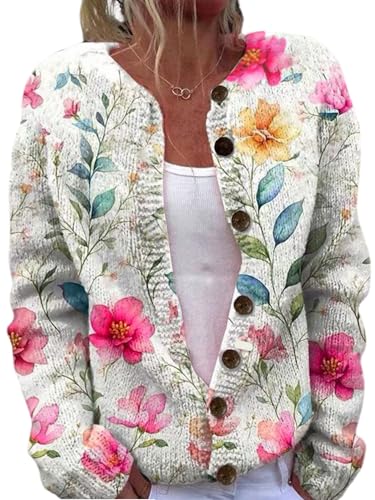 GORGLITTER Strickjacke Damen Elegant Cardigan mit Knopf Open Front Freizeitjacke Langarm mit Blumen Strick Oberteil Pullover Herbstjacke Beige S von GORGLITTER