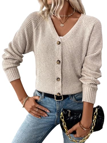 GORGLITTER Strickjacke Damen Elegant Cardigan mit V-Ausschnitt Langarm Strickjacken Strickmantel mit Knöpfen Basic Jacke Herbst Winter Aprikosenfarben M von GORGLITTER