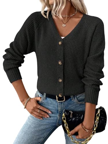 GORGLITTER Strickjacke Damen Elegant Cardigan mit V-Ausschnitt Langarm Strickjacken Strickmantel mit Knöpfen Basic Jacke Herbst Winter Schwarz L GORGLITTER Strickjacke Damen Elegant Cardigan mit V-Ausschnitt Langarm Strickjacken Strickmantel mit Knöpfen Basic Jacke Herbst Winter Schwarz L von GORGLITTER