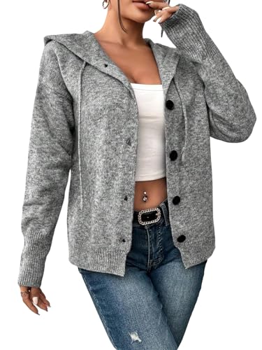 GORGLITTER Strickjacke Damen Elegant Kapuzenpullover Langarm Strickpullover mit Knopf Casual Cardigan Strickmantel Grau M von GORGLITTER