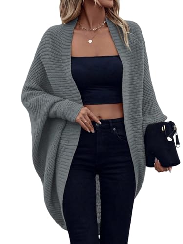 GORGLITTER Strickjacke Damen Elegant Lange Vorne Offen Cardigan mit Fledermausärmel Einfarbig Strickmantel Leicht Lockere Strickpullover Herbst Dunkelgrau L von GORGLITTER