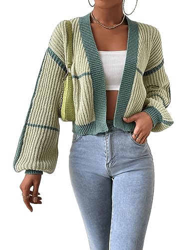 GORGLITTER Strickjacke Damen Kurz Cardigan Mit Streifen Offene Strickjacke Crop Strick Cardigan Casual Strickmantel Grün XL von GORGLITTER