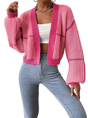 GORGLITTER Strickjacke Damen Kurz Cardigan Mit Streifen Offene Strickjacke Crop Strick Cardigan Casual Strickmantel Rosa M von GORGLITTER