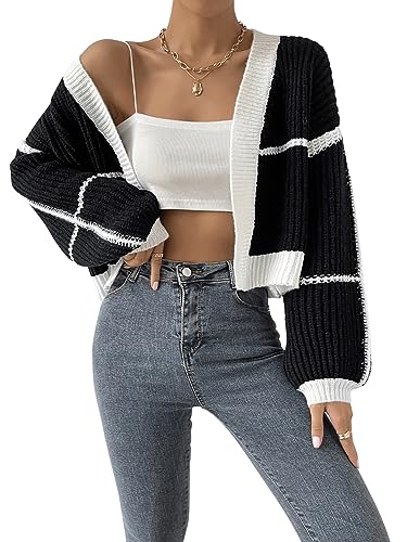 GORGLITTER Strickjacke Damen Kurz Cardigan Mit Streifen Offene Strickjacke Crop Strick Cardigan Casual Strickmantel Schwarz und Weiß L von GORGLITTER