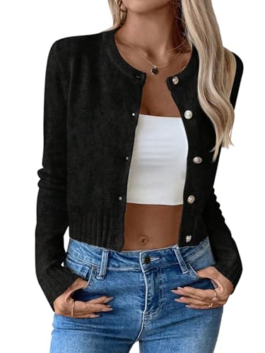 GORGLITTER Strickjacke Damen Kurz Dirndl Leichte Strickjacke Mit Knöpfen Cardigan Elegant Dünne Strickjacken Crop Strickmantel Herbst Jacke Schwarz L von GORGLITTER
