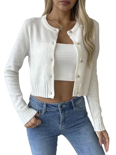 GORGLITTER Strickjacke Damen Kurz Dirndl Leichte Strickjacke Mit Knöpfen Cardigan Elegant Dünne Strickjacken Crop Strickmantel Herbst Jacke Weiß XS von GORGLITTER