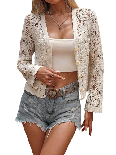 GORGLITTER Strickjacke Damen Kurz Dünne Strickjacke Dirndl Jacke Mit Spitze Häkel Oberteil Häkeljacke Herbstjacke Leichte Cardigan Aprikosenfarben M von GORGLITTER