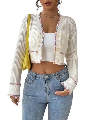 GORGLITTER Strickjacke Damen Kurz Elegant Langarm Gerippte Strickjacken mit V-Ausschnitt Festlish Cropped Jäckchen mit Knöpfe Open Front Cardigan Weiß L GORGLITTER Strickjacke Damen Kurz Elegant Langarm Gerippte Strickjacken mit V-Ausschnitt Festlish Cropped Jäckchen mit Knöpfe Open Front Cardigan Weiß L von GORGLITTER