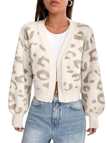 GORGLITTER Strickjacke Damen Kurz Elegant Leoparden Oberteil Strick Cardigan Crop Jacke Langarm Strickmantel Winter Strickpullover V Ausschnitt Strickweste Beige L von GORGLITTER