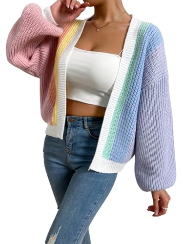 GORGLITTER Strickjacke Damen Kurz Elegant Vorne Offen Langarm Strickjacken mit Farbblock Gerippter Strickmantel Übergrößen Drop Shoulder Pulli Rosa M GORGLITTER Strickjacke Damen Kurz Elegant Vorne Offen Langarm Strickjacken mit Farbblock Gerippter Strickmantel Übergrößen Drop Shoulder Pulli Rosa M von GORGLITTER