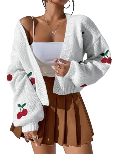 GORGLITTER Strickjacke Damen Kurz Gerippt Strickpullover mit Süßer Kirschmuster Langarm Vorne Offen Cardigan Locker V Ausschnitt Strickjacken Weiß L GORGLITTER Strickjacke Damen Kurz Gerippt Strickpullover mit Süßer Kirschmuster Langarm Vorne Offen Cardigan Locker V Ausschnitt Strickjacken Weiß L von GORGLITTER