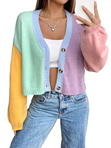 GORGLITTER Strickjacke Damen Kurz Langarm Cardigan mit V-Ausschnitt Bunte Freizeitjacke Leicht Strickmantel mit Knöpfen Herbst Outfit Grün M von GORGLITTER