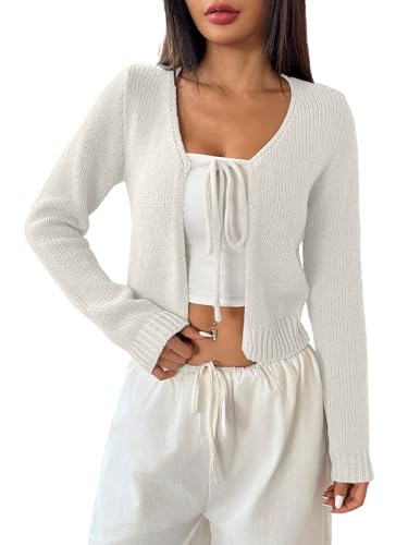 GORGLITTER Strickjacke Damen Kurz Strickmantel Leichte Langarm Oberteil Open Fron Cardigan mit Knoten Basic Herbst Outfits Strickoberteil Weiß S von GORGLITTER
