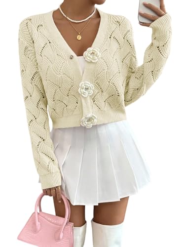 GORGLITTER Strickjacke Damen Kurz Süße Jacke mit 3D Blumen Leichte Cardigan Gehäkelt Herbstjacke mit V-Ausschnitt Langarm Damenjacke Herbst Beige M von GORGLITTER