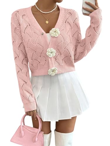 GORGLITTER Strickjacke Damen Kurz Süße Jacke mit 3D Blumen Leichte Cardigan Gehäkelt Herbstjacke mit V-Ausschnitt Langarm Damenjacke Herbst Rosa L von GORGLITTER