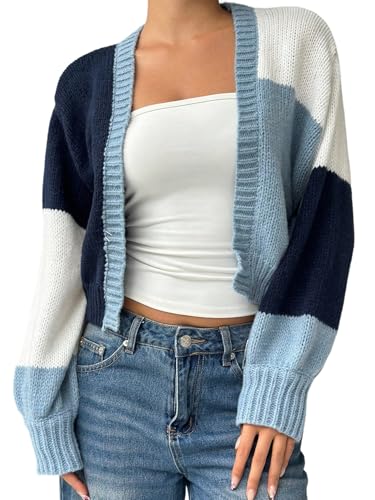 GORGLITTER Strickjacke Damen Kurz Vorne Offen Langarm Cardigan mit Farbblock Pullover mit V-Ausschnitt Casual Schulterjacke mit Bishop Ärmel Herbst Blau XXL von GORGLITTER