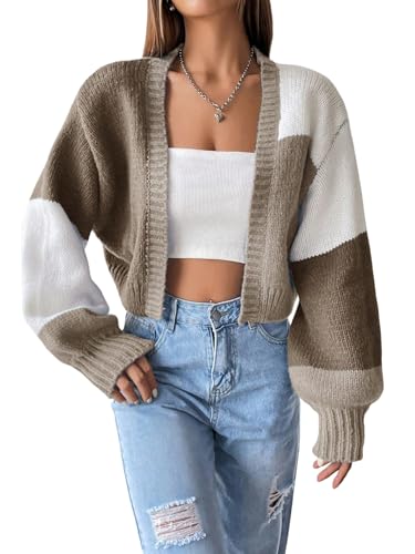 GORGLITTER Strickjacke Damen Kurz Vorne Offen Langarm Cardigan mit Farbblock Pullover mit V-Ausschnitt Casual Schulterjacke mit Bishop Ärmel Herbst Khaki XXL von GORGLITTER