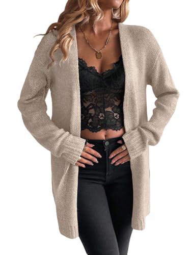 GORGLITTER Strickjacke Damen Lang Cardigan Langarm Strickmantel Winter Pullover Offen Front Strickpullover Damenjacke Casual Outfit Aprikosenfarben S von GORGLITTER