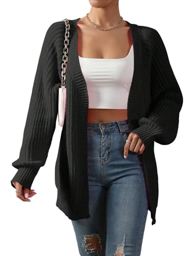 GORGLITTER Strickjacke Damen Lang Cardigan Langarm Strickmantel Winter Pullover Offen Front Strickpullover Jacke Casual Outfit Schwarz L von GORGLITTER