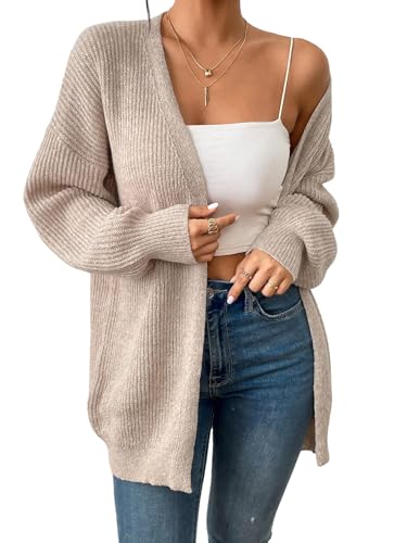 GORGLITTER Strickjacke Damen Lang Cardigan Langarm Strickpullover V Ausschnitt Pullover Strickmantel Offener Front Winter Jacke Beige S von GORGLITTER