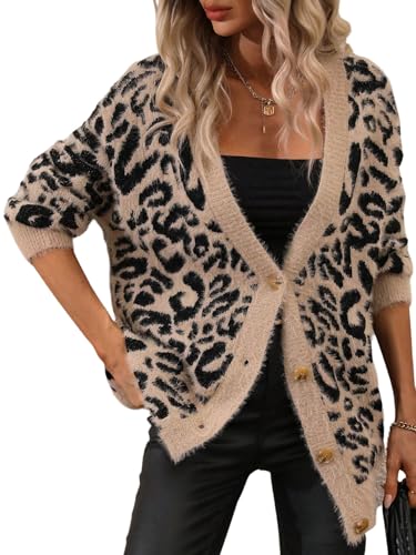 GORGLITTER Strickjacke Damen Lang Cardigan Leoprint Strickmantel Langarm mit Knopf Tiefer V Ausschnitt Pullover Loose Strick Oberteil Leoparden M von GORGLITTER