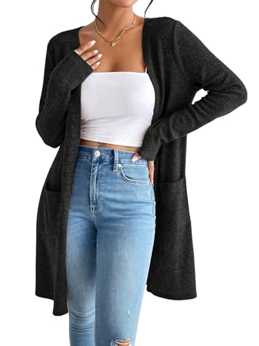 GORGLITTER Strickjacke Damen Lang Offener Strickmantel mit Taschen Einfarbig Langarm Strickpullover Gerippt Dünn Cardigan Herbst Winter Schwarz L von GORGLITTER