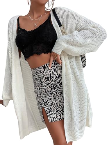 GORGLITTER Strickjacke Damen Lang Open Front Strick Cardigan Locker Gestrickt Longjacke Bequem Langarm Strickmantel Damenstrickjacke Weiß M von GORGLITTER