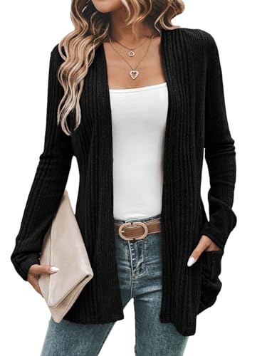 GORGLITTER Strickjacke Damen Lang Strickmantel Langarm Leichte Open Front Cardigan mit Taschen Gestrickt Oberteil Einfarbig Freizeitjacke Schwarz M GORGLITTER Strickjacke Damen Lang Strickmantel Langarm Leichte Open Front Cardigan mit Taschen Gestrickt Oberteil Einfarbig Freizeitjacke Schwarz M von GORGLITTER