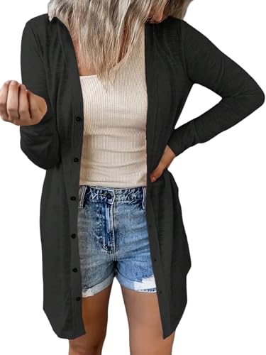 GORGLITTER Strickjacke Damen Lang Vorne Offen Strickmantel Gestrickt Locker Cardigan Lang V Ausschnitt Langer Strickpullover Einfarbig Freizeitjacke Schwarz L von GORGLITTER