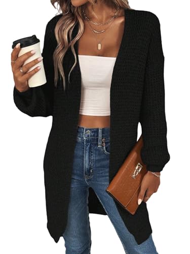 GORGLITTER Strickjacke Damen Lang Vorne Offen Strickmantel Gestrickt Locker Cardigan Lang V Ausschnitt Langer Strickpullover Einfarbig Freizeitjacke Schwarz M von GORGLITTER