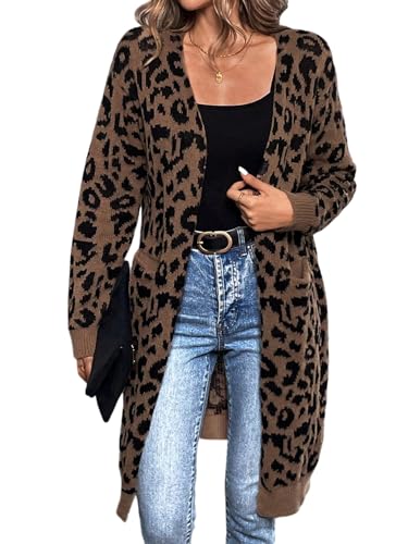 GORGLITTER Strickjacke Damen Lang Winter Leo Jacke Oversize Strickmantel Mit Leo Print Cardigan Mit Taschen Strickpullover Herbst Winter Outfit Leopardenparden L von GORGLITTER