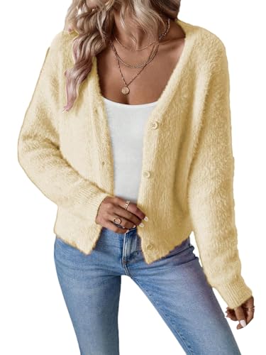 GORGLITTER Strickjacke Damen Langarm Elegant Open Front Strick Cardigan V Ausschnitt Strickmantel Kurz Strickpullover mit Knöpfen Gelb L GORGLITTER Strickjacke Damen Langarm Elegant Open Front Strick Cardigan V Ausschnitt Strickmantel Kurz Strickpullover mit Knöpfen Gelb L von GORGLITTER