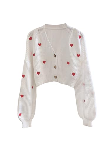 GORGLITTER Strickjacke Damen Langarm Elegant Strickpullover mit Herz-Aufdruck V-Ausschnitt Pullover mit Knöpfen Vorn Gestrickt Strickmantel Weiß XS von GORGLITTER