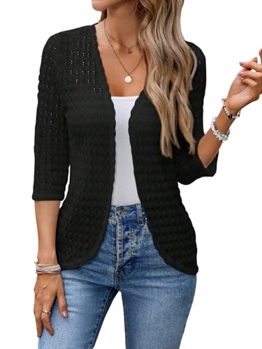 GORGLITTER Strickjacke Damen Leicht Sommerjacke 3/4 Arm Strick Cardigan Elegant Bolero Open Front Transparente Jacke Schwarz L von GORGLITTER