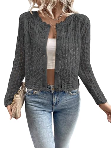 GORGLITTER Strickjacke Damen Leichte Langarm Jacke Vorne Offen Cardigan Herbstjacke Elegant Strickpullover Kurz Übergangsjacke Strickmantel Dunkelgrau M von GORGLITTER