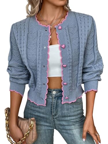 GORGLITTER Strickjacke Damen Open Front Cardigan Herbstjacke Langarm Knopfleiste Leicht Winterjacke Elegant Übergangsjacke Frühlingmantel Grau S von GORGLITTER